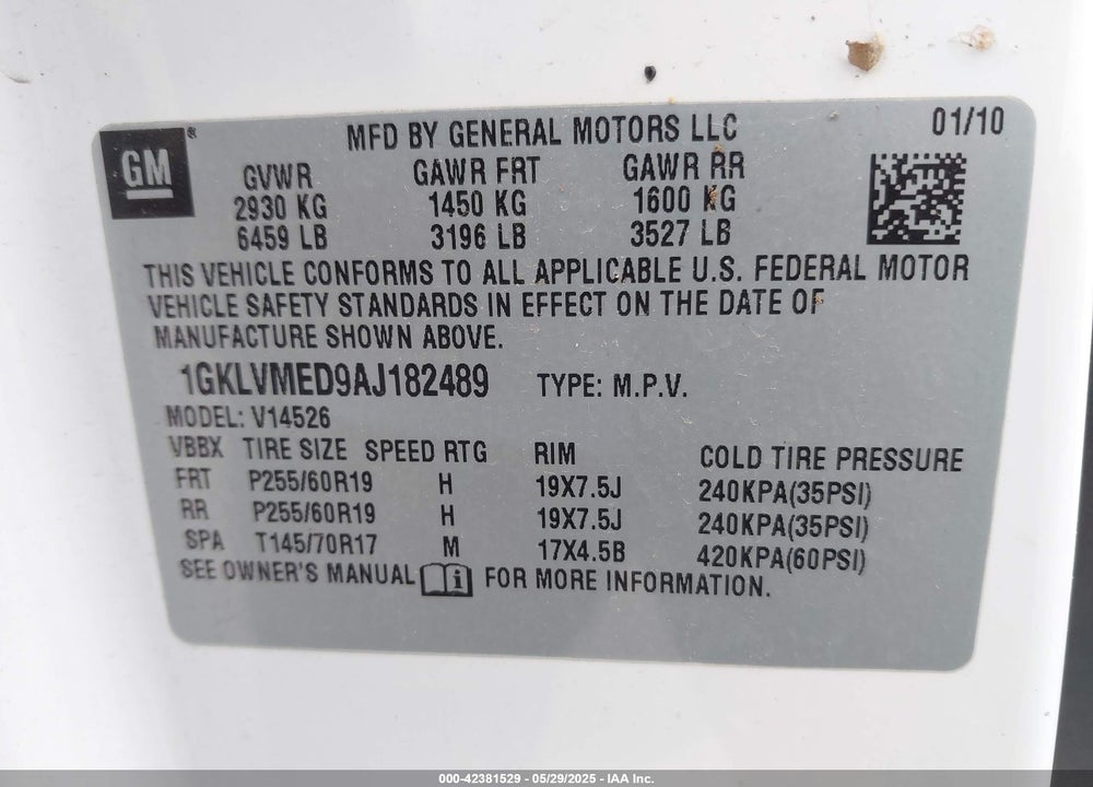2010 GMC ACADIA SLT-1 VIN: 1GKLVMED9AJ182489