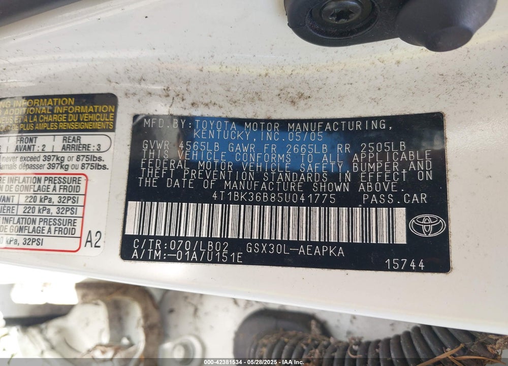 2005 TOYOTA AVALON LIMITED VIN: 4T1BK36B85U041775