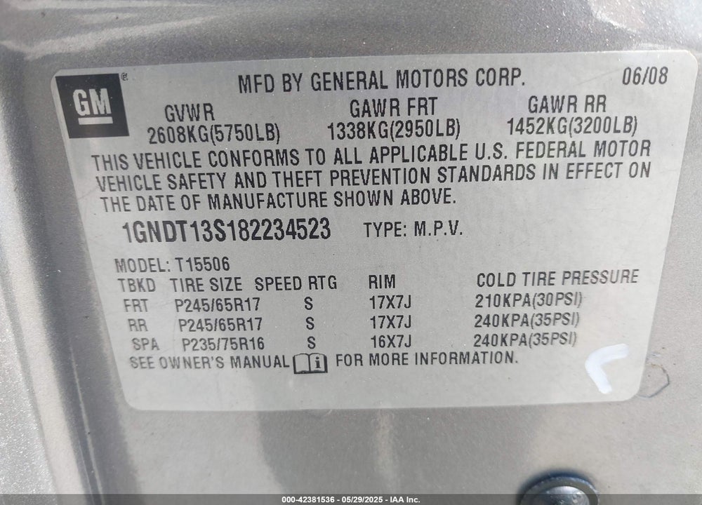 2008 CHEVROLET TRAILBLAZER FLEET VIN: 1GNDT13S182234523