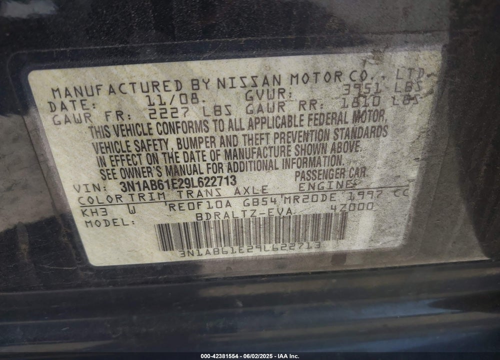 2009 NISSAN SENTRA 2.0S VIN: 3N1AB61E29L622713