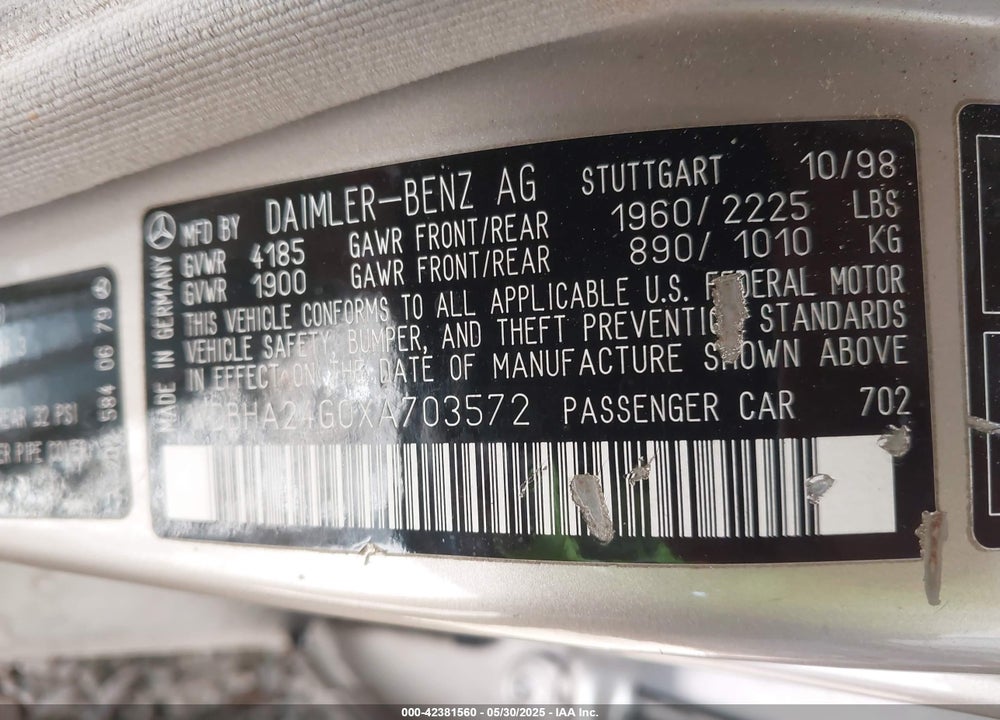 1999 MERCEDES-BENZ C 230 KOMPRESSOR VIN: WDBHA24G0XA703572