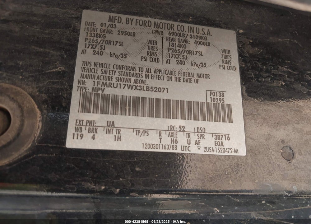 2003 FORD EXPEDITION EDDIE BAUER VIN: 1FMRU17WX3LB52071