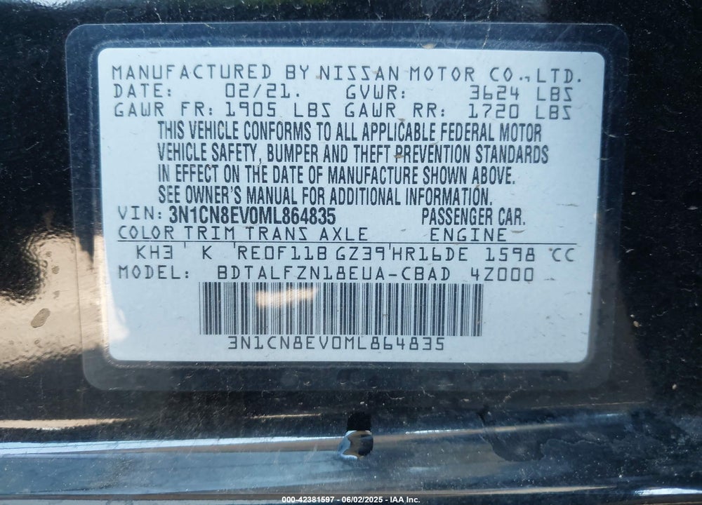 2021 NISSAN VERSA VIN: 3N1CN8EV0ML864835