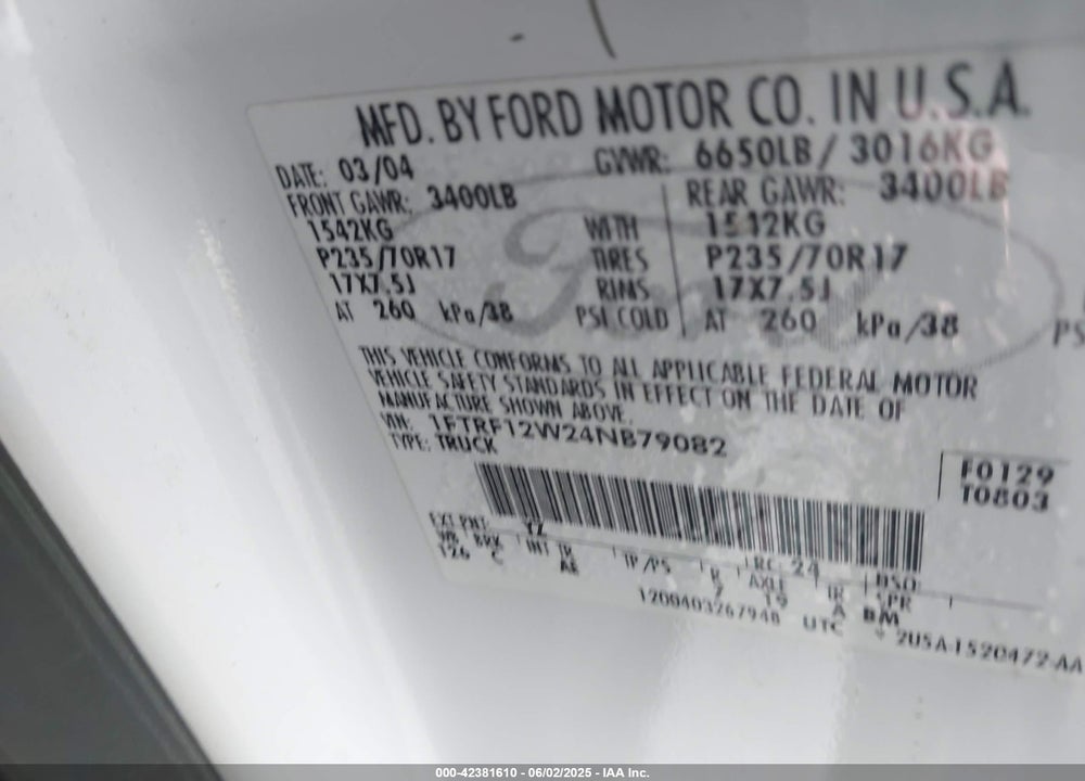 2004 FORD F-150 STX/XL/XLT VIN: 1FTRF12W24NB79082
