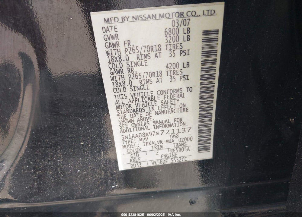 2007 NISSAN ARMADA VIN: 5N1BA08A97N721137