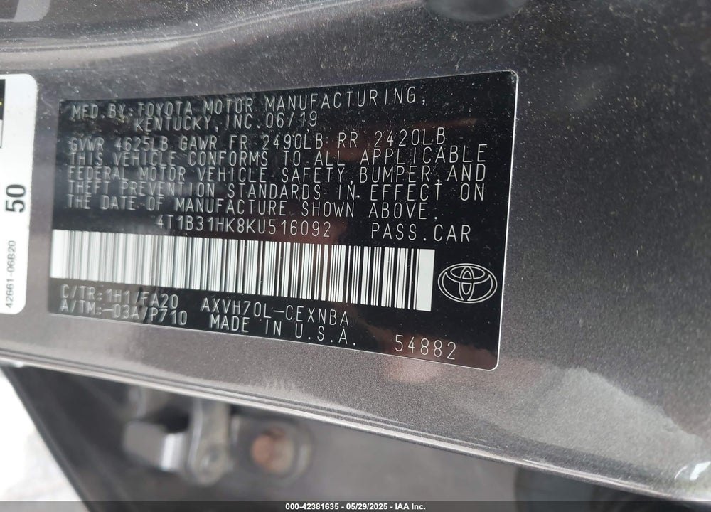 2019 TOYOTA CAMRY HYBRID LE/SE/XLE VIN: 4T1B31HK8KU516092