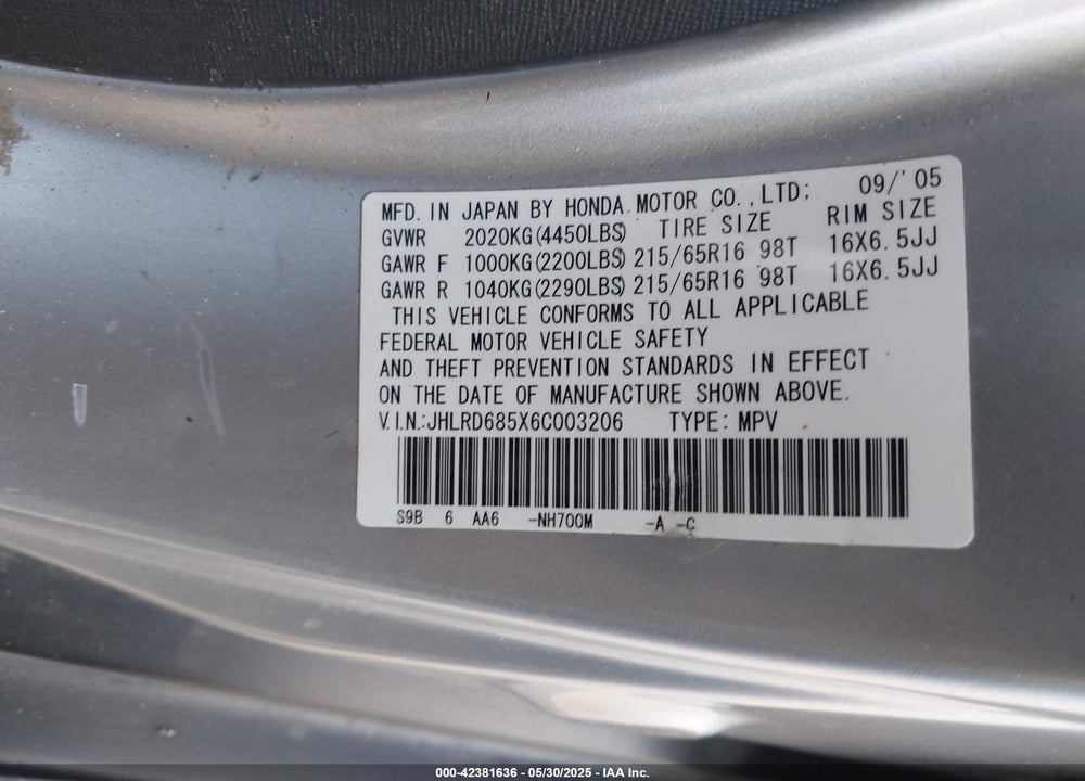2006 HONDA CR-V VIN: JHLRD685X6C003206