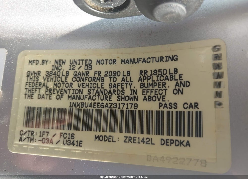 2010 TOYOTA COROLLA VIN: 1NXBU4EE6AZ317179
