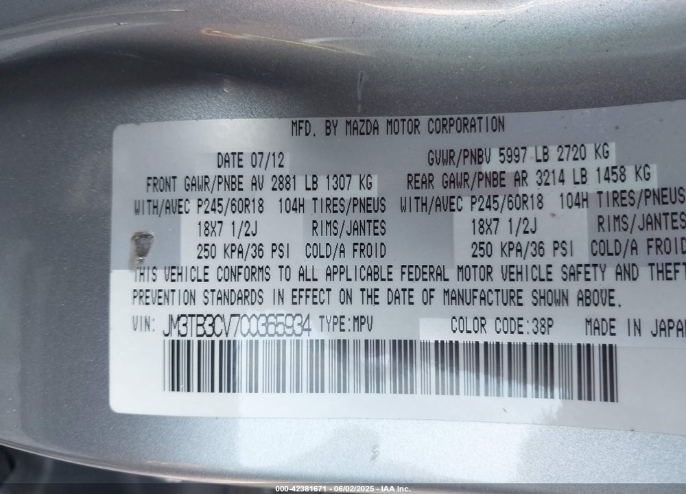 2012 MAZDA CX-9 VIN: JM3TB3CV7C0365934