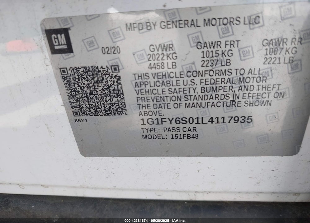 2020 CHEVROLET BOLT EV VIN: 1G1FY6S01L4117935