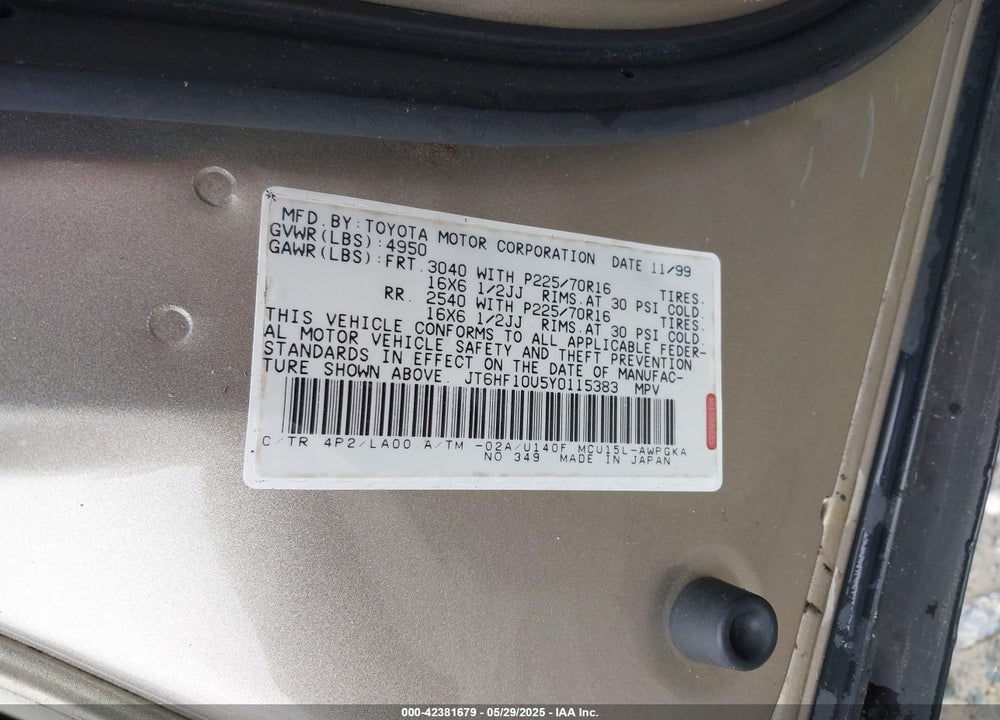 2000 LEXUS RX 300 VIN: JT6HF10U5Y0115383
