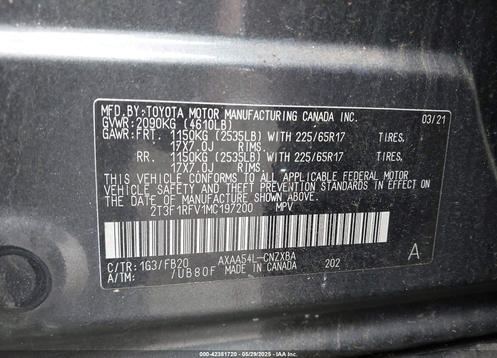 2021 TOYOTA RAV4 VIN: 2T3F1RFV1MC197200