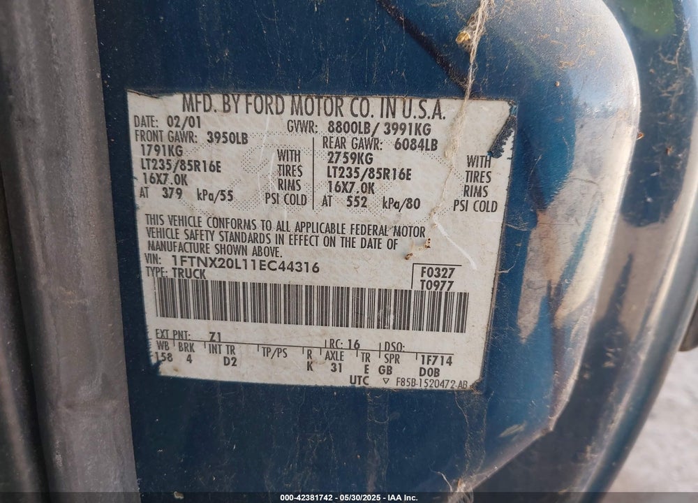 2001 FORD F-250 LARIAT/XL/XLT VIN: 1FTNX20L11EC44316