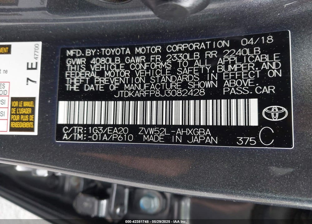2018 TOYOTA PRIUS PRIME VIN: JTDKARFP8J3082428