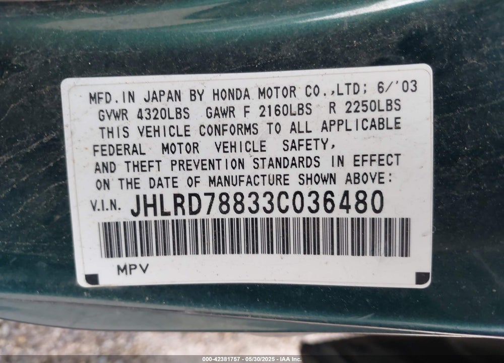 2003 HONDA CR-V EX VIN: JHLRD78833C036480