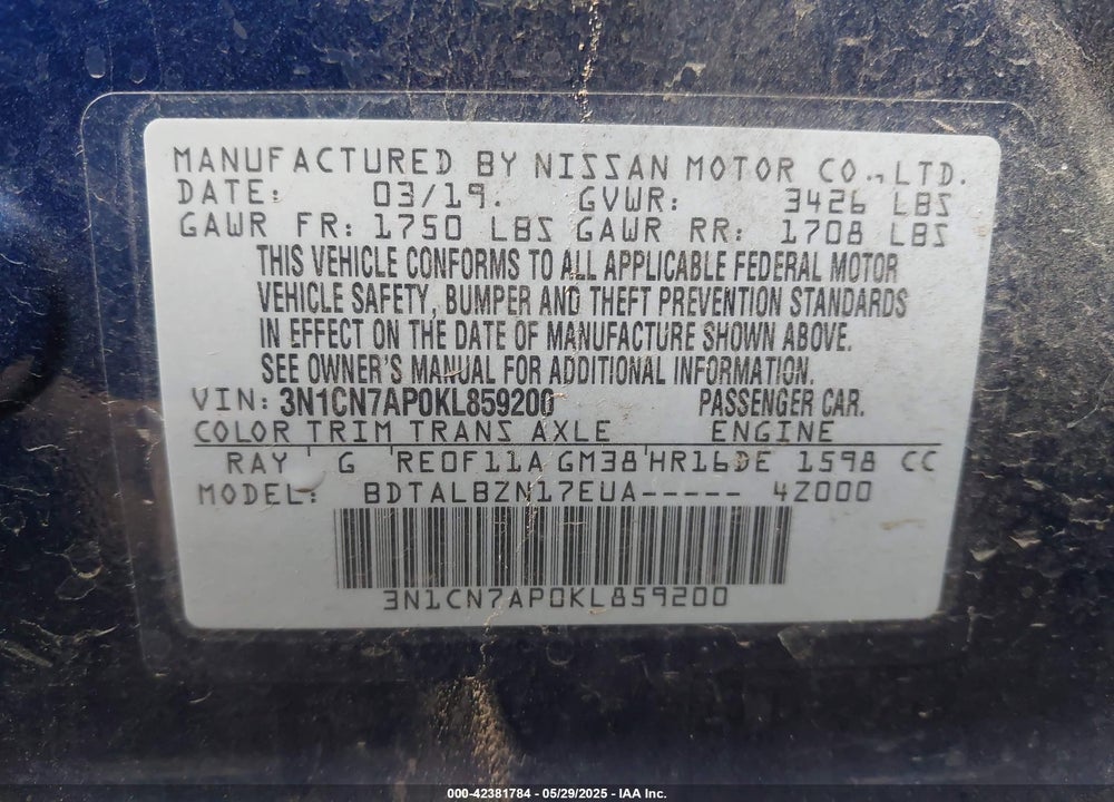 2019 NISSAN VERSA 1.6 SV VIN: 3N1CN7AP0KL859200