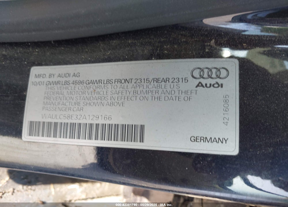 2002 AUDI A4 1.8T VIN: WAULC58E32A129166