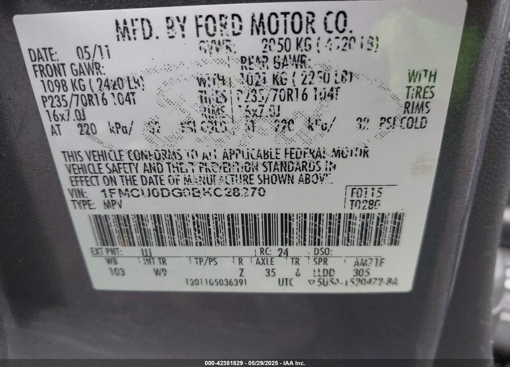 2011 FORD ESCAPE XLT VIN: 1FMCU0DG0BKC28270