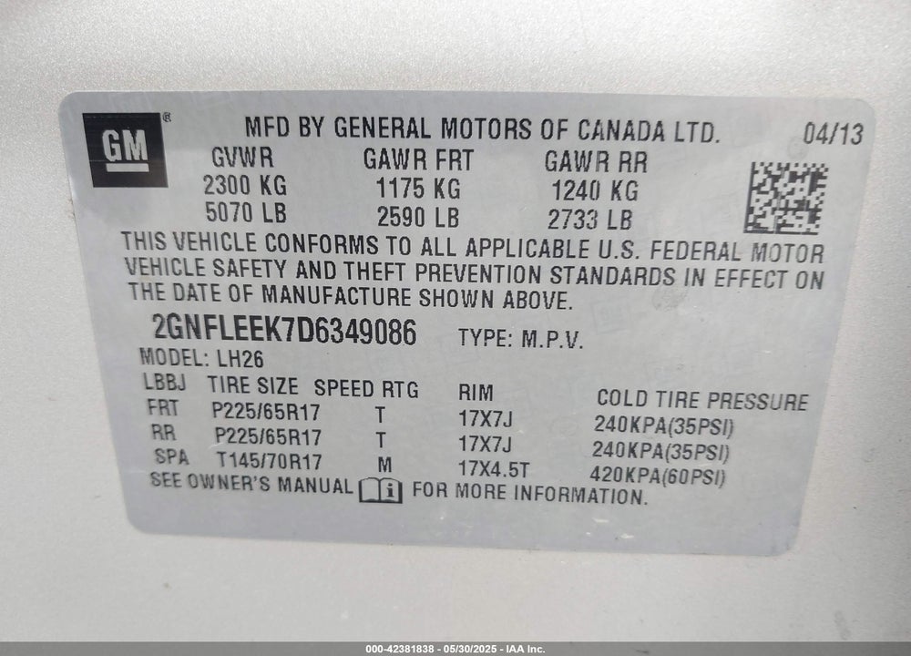 2013 CHEVROLET EQUINOX VIN: 2GNFLEEK7D6349086