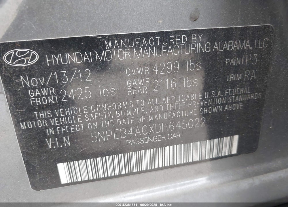 2013 HYUNDAI SONATA VIN: 5NPEB4ACXDH645022