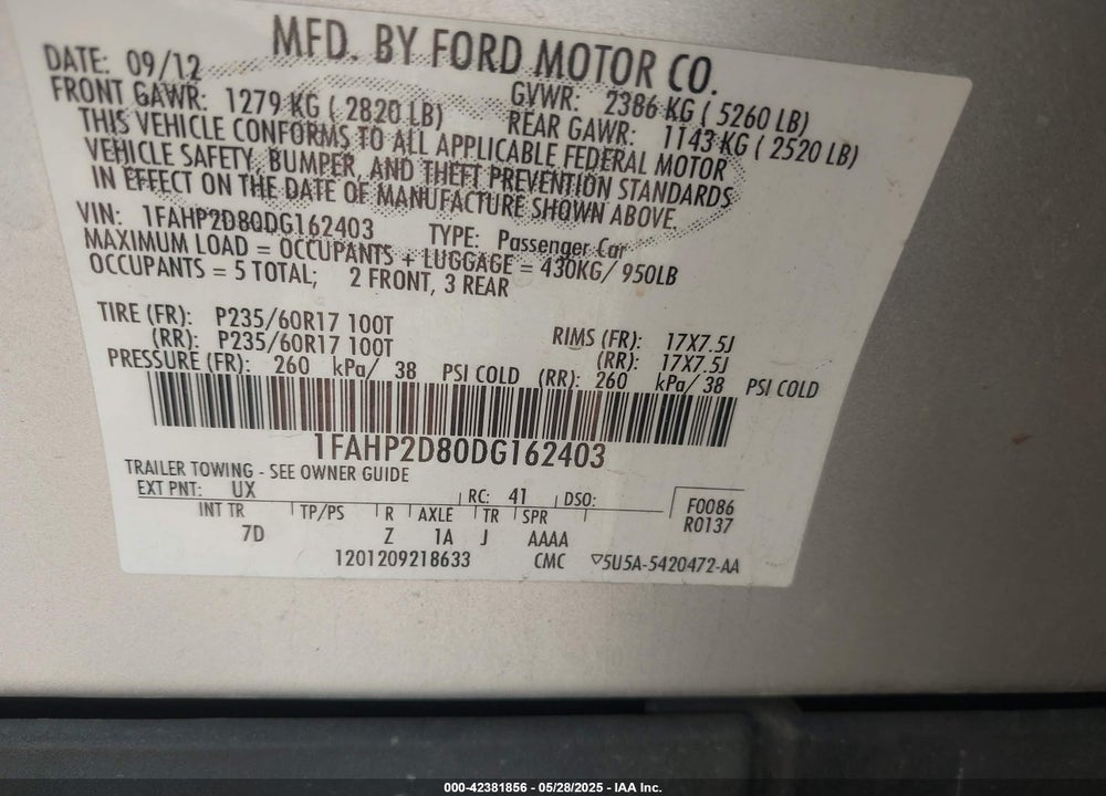 2013 FORD TAURUS SE VIN: 1FAHP2D80DG162403