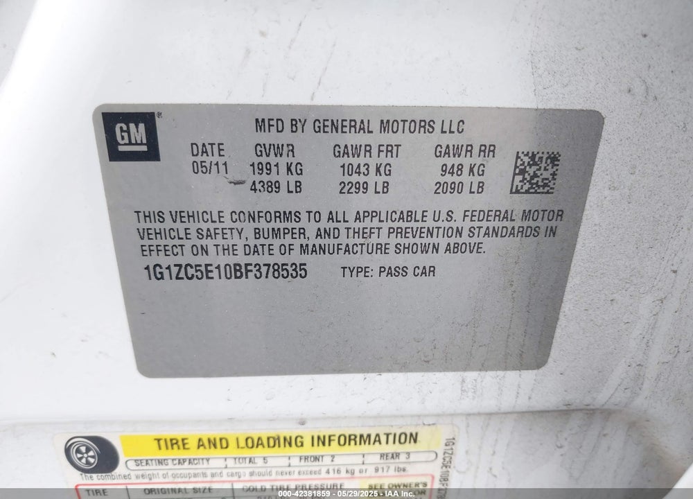 2011 CHEVROLET MALIBU 1LT VIN: 1G1ZC5E10BF378535