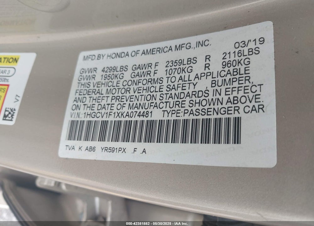 2019 HONDA ACCORD VIN: 1HGCV1F1XKA074481