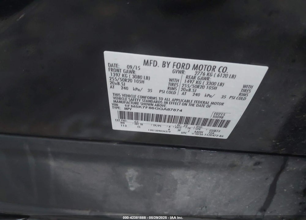 2016 FORD EXPLORER VIN: 1FM5K7F86GGA87874