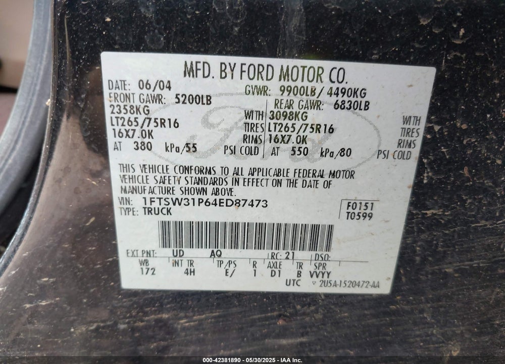 2004 FORD F-350 LARIAT/XL/XLT VIN: 1FTSW31P64ED87473