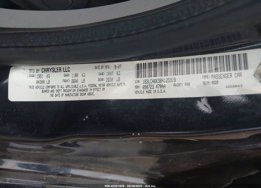 2008 DODGE AVENGER VIN: 1B3LC46K38N125918
