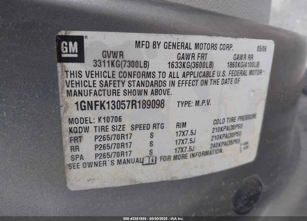 2007 CHEVROLET TAHOE VIN: 1GNFK13057R189098