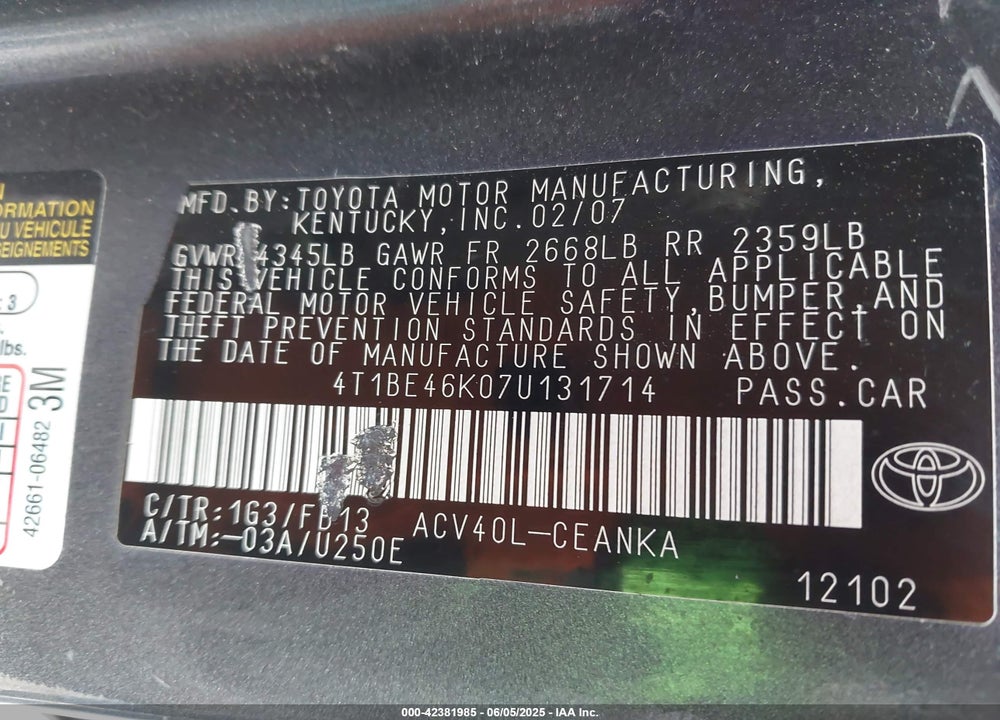 2007 TOYOTA CAMRY VIN: 4T1BE46K07U131714