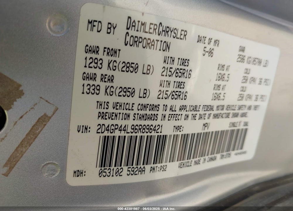 2006 DODGE GRAND CARAVAN SXT VIN: 2D4GP44L96R896421
