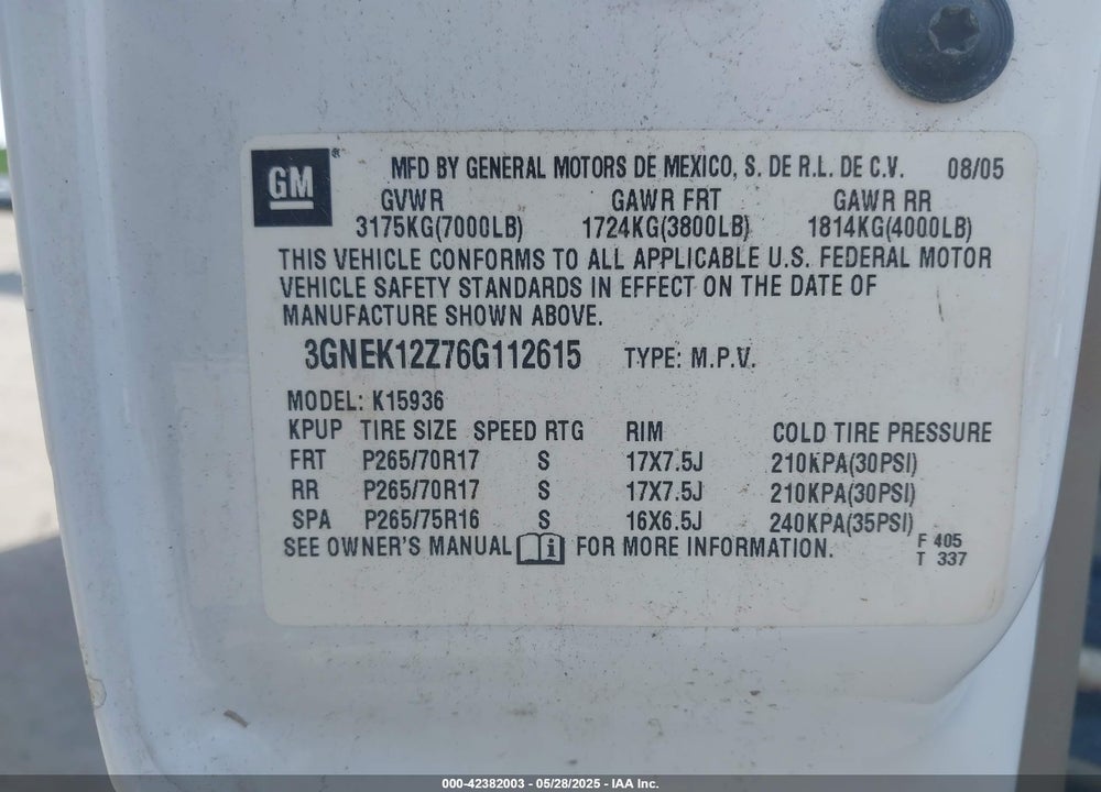 2006 CHEVROLET AVALANCHE 1500 VIN: 3GNEK12Z76G112615
