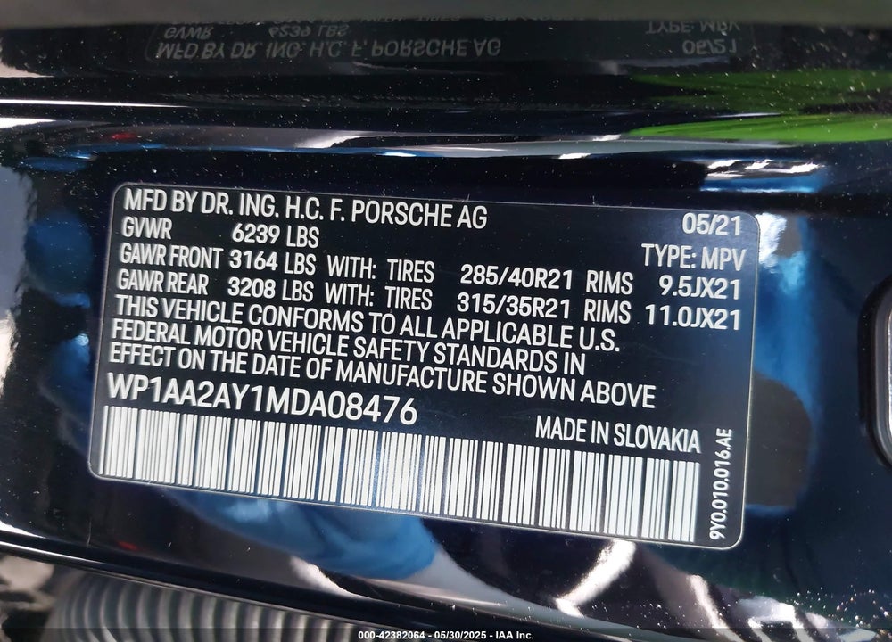 2021 PORSCHE CAYENNE VIN: WP1AA2AY1MDA08476