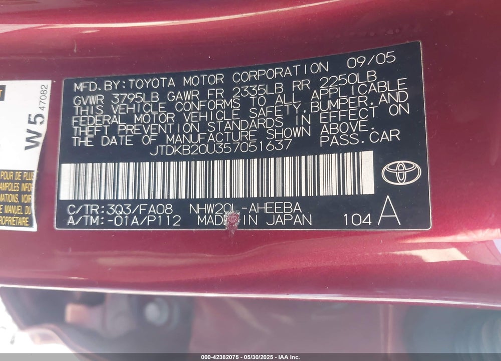 2005 TOYOTA PRIUS VIN: JTDKB20U357051637