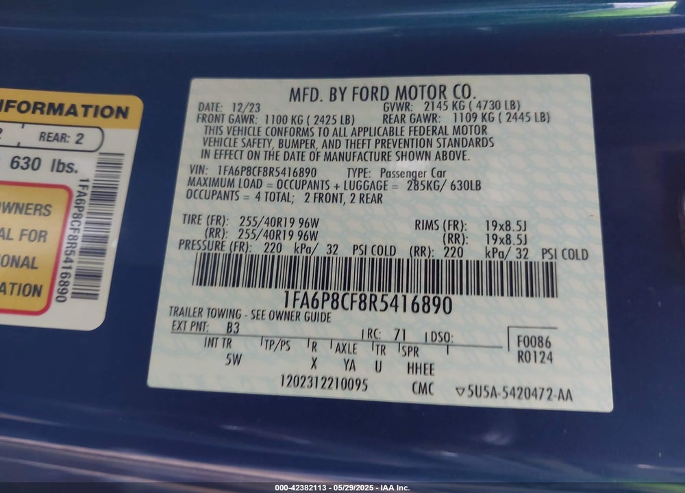 2024 FORD MUSTANG VIN: 1FA6P8CF8R5416890