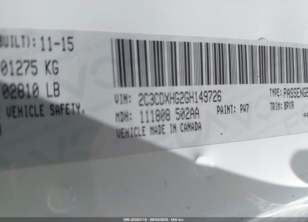 2016 DODGE CHARGER VIN: 2C3CDXHG2GH149726