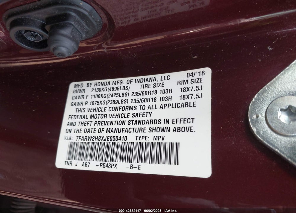 2018 HONDA CR-V EX-L/EX-L NAVI VIN: 7FARW2H8XJE050410
