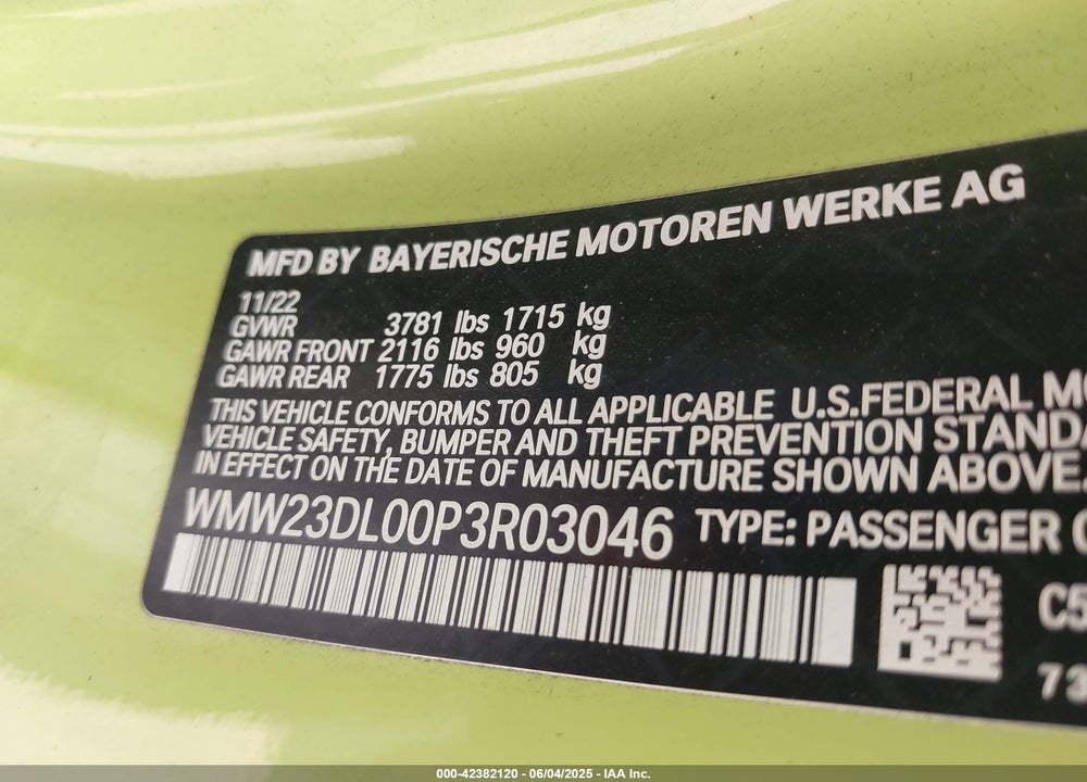 2023 MINI CONVERTIBLE VIN: WMW23DL00P3R03046
