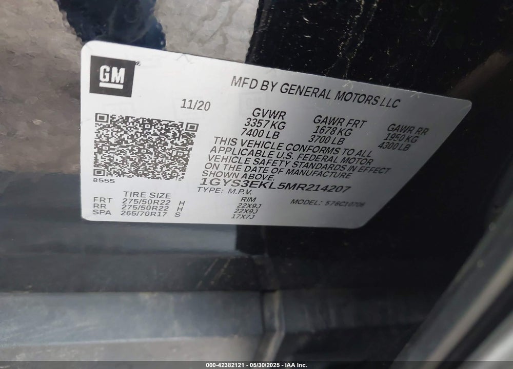 2021 CADILLAC ESCALADE 2WD SPORT VIN: 1GYS3EKL5MR214207