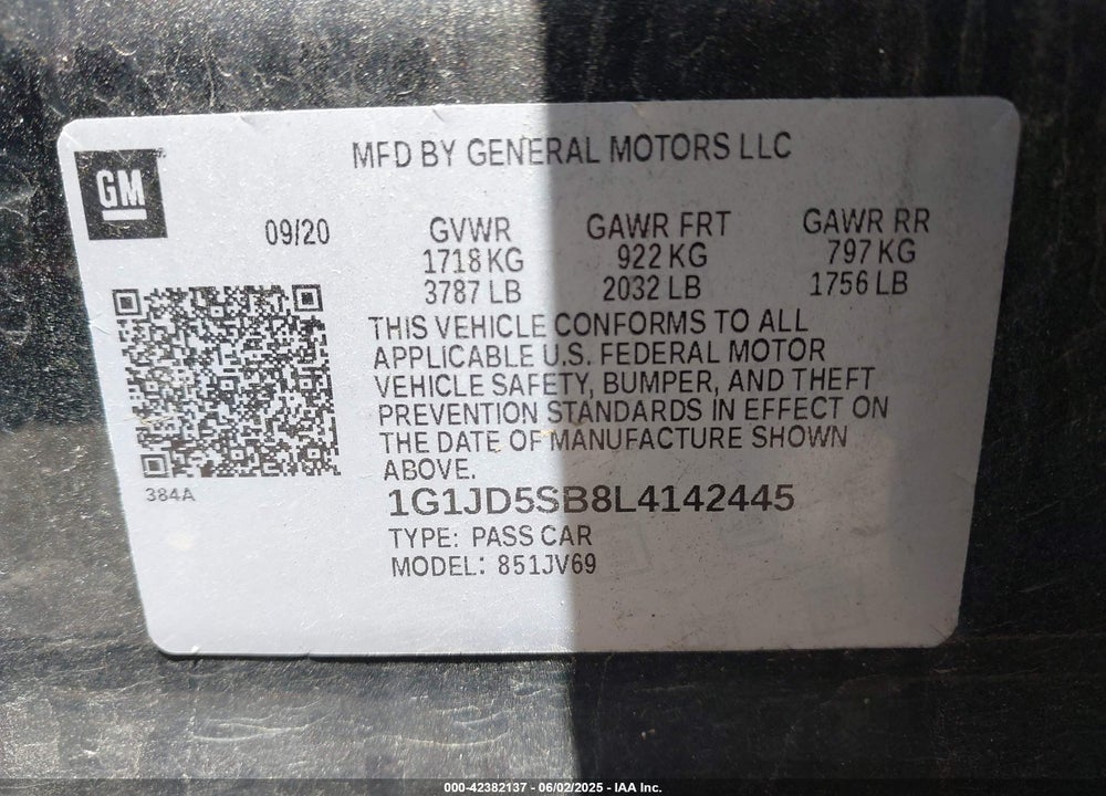 2020 CHEVROLET SONIC FWD  LT VIN: 1G1JD5SB8L4142445