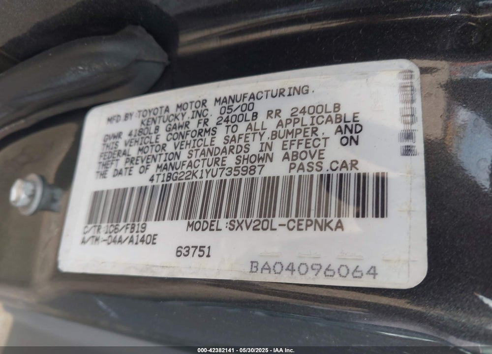 2000 TOYOTA CAMRY LE VIN: 4T1BG22K1YU735987