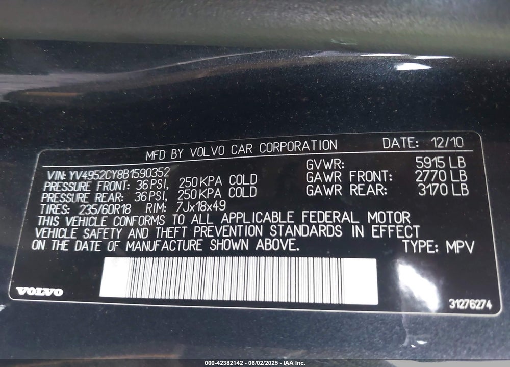 2011 VOLVO XC90 VIN: YV4952CY8B1590352