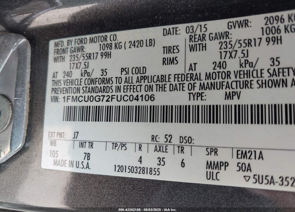 2015 FORD ESCAPE VIN: 1FMCU0G72FUC04106