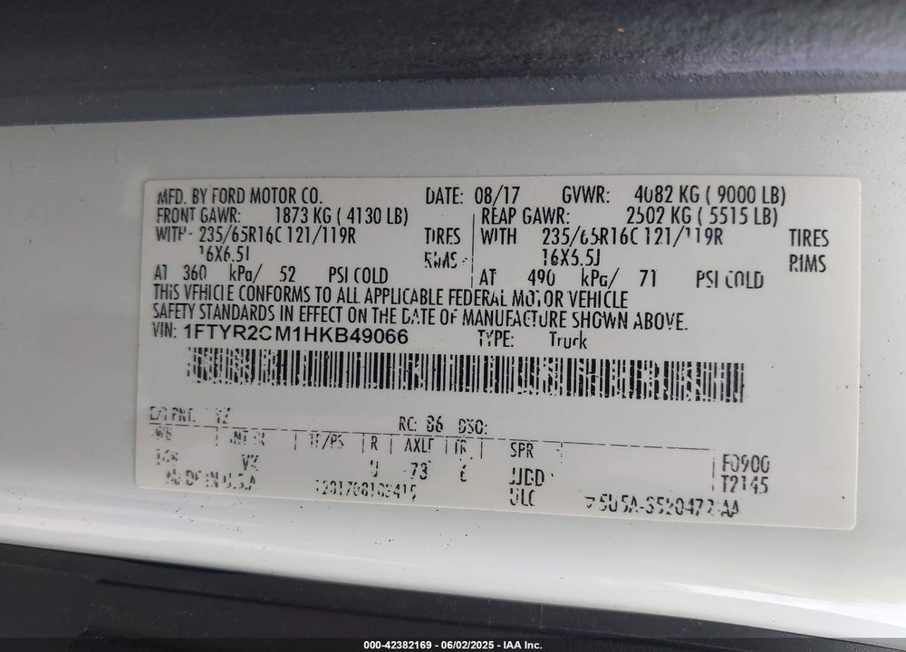2017 FORD TRANSIT-250 VIN: 1FTYR2CM1HKB49066