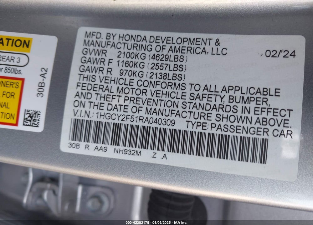 2024 HONDA ACCORD HYBRID SPORT VIN: 1HGCY2F51RA040309
