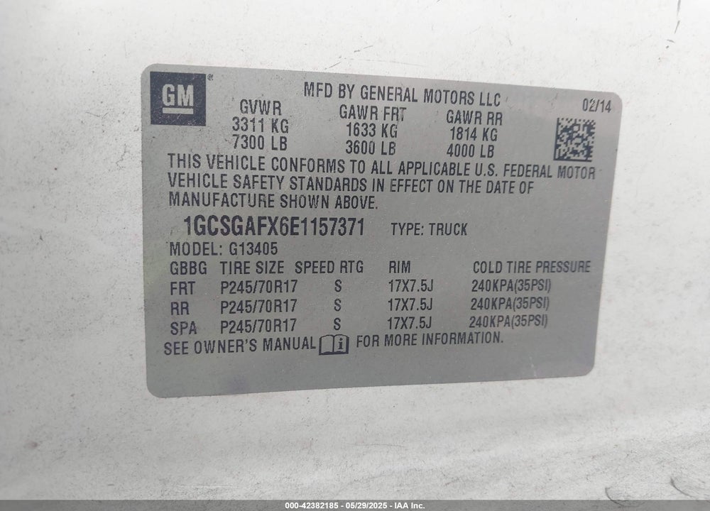 2014 CHEVROLET EXPRESS 1500 WORK VAN VIN: 1GCSGAFX6E1157371