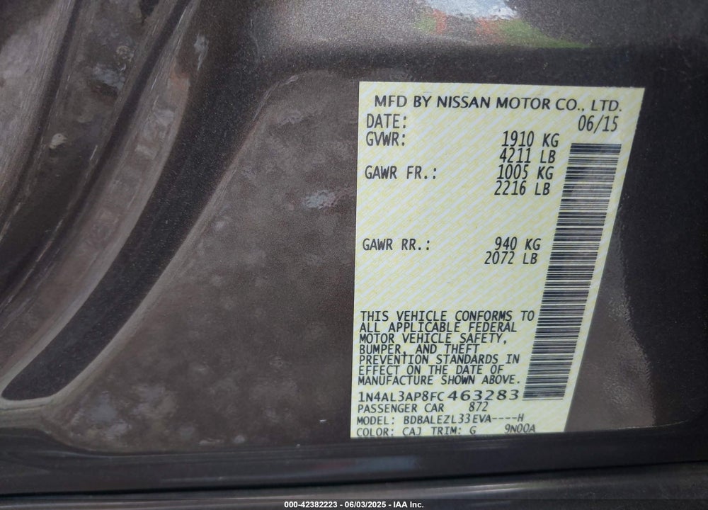 2015 NISSAN ALTIMA 2.5 S VIN: 1N4AL3AP8FC463283