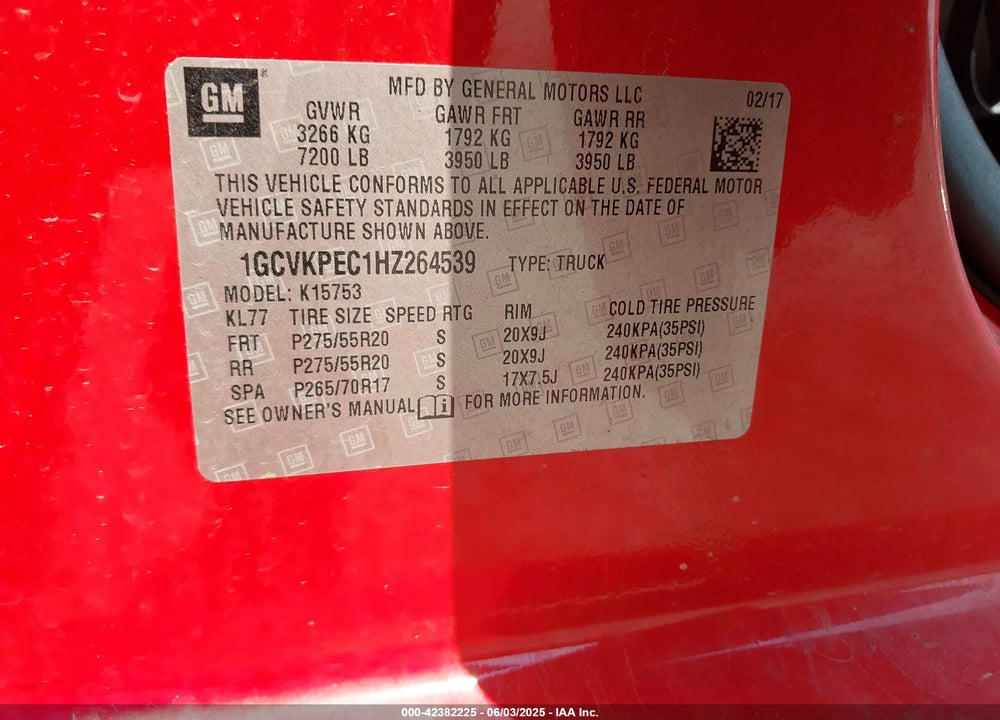 2017 CHEVROLET SILVERADO 1500 VIN: 1GCVKPEC1HZ264539